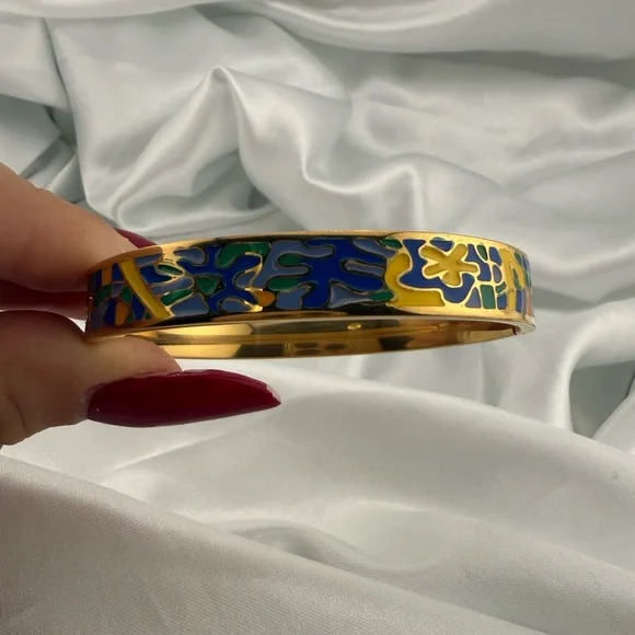 Multicolour Gold modern art blue and yellow Stainless steel cuff bracelet - Picture 7 of 10